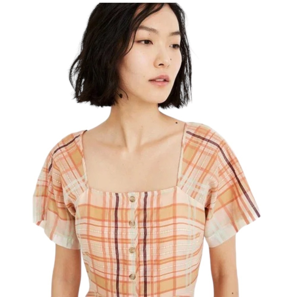 Madewell Silk Blend Orange Shimmer Plaid Mini Dress 2 NWT prairie boho - Picture 2 of 15